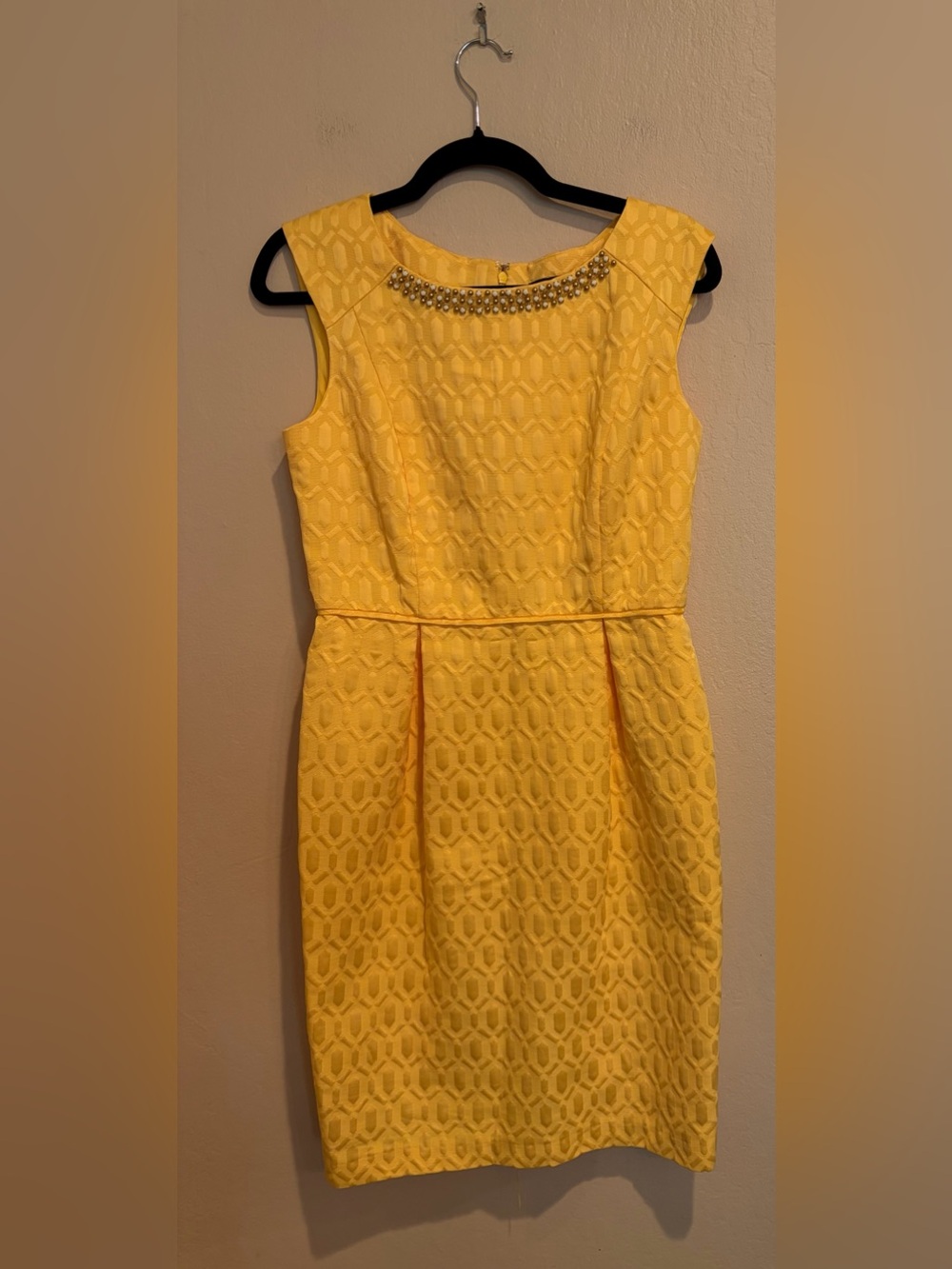 Ellen Tracy Sunny Yellow Midi Dress w/ Beaded Neckline, size 6